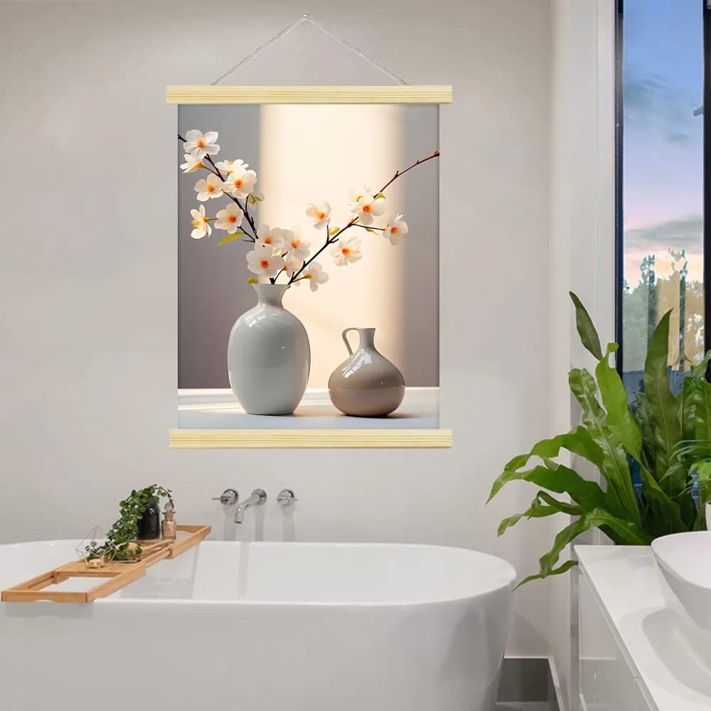1pc 2D Flat Minimalist Wall Hanger Art Soild Wood Scroll Hanging Posters Beige Frame with Cherry Blossom Vase Print