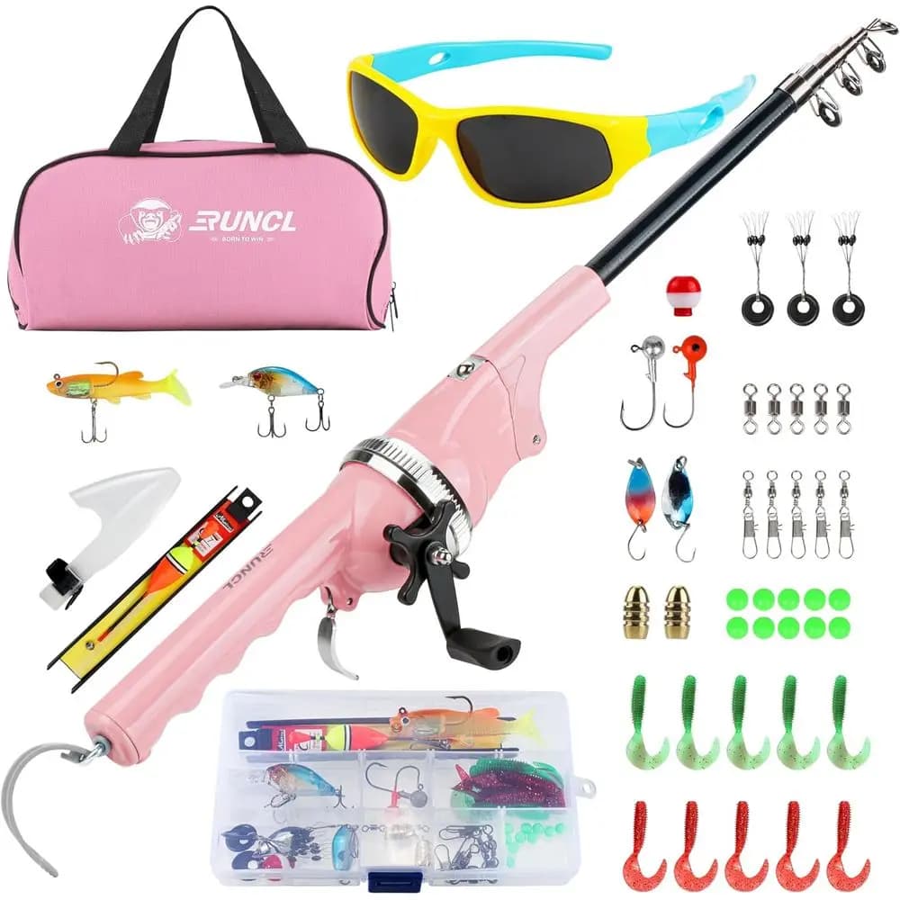Portable folding fishing kit for children: Spincast reel combined with sunglasses, equipment box and travel bag