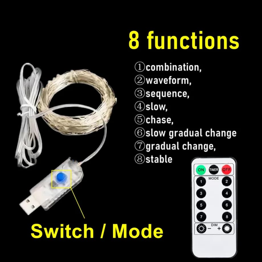 Luci Fatate LED USB 1-20M con Telecomando a 8 Funzioni, Ghirlanda Natalizia per Capodanno, Matrimoni, Feste e Decorazioni da Giardino