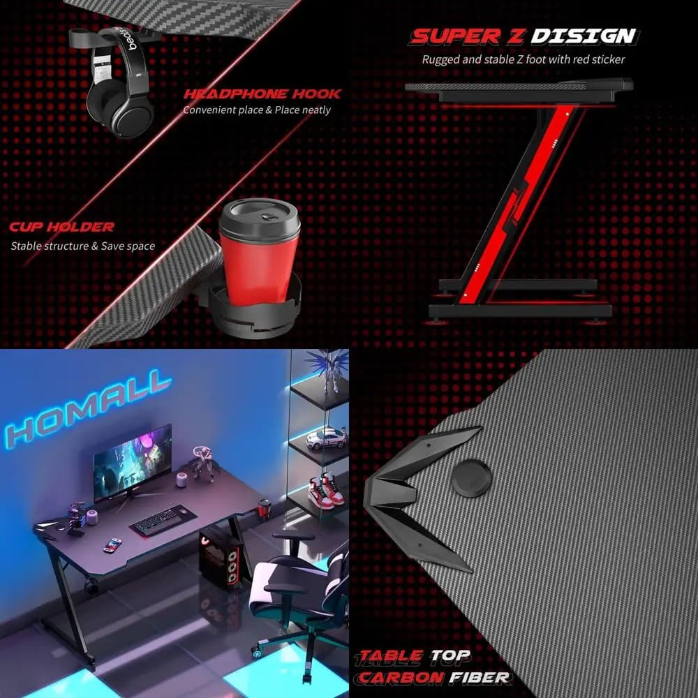 Scrivania da gaming in fibra di carbonio, scrivania per PC a forma di Z con portabicchieri e gancio, 55 nero