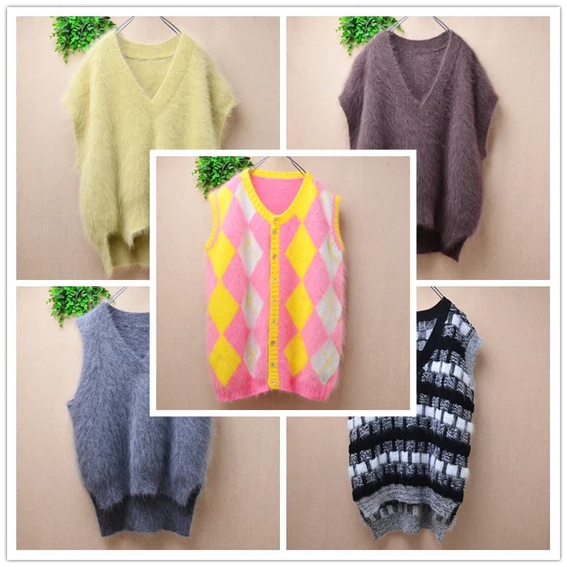 Ladies Women Autumn Winter Fashion Plaid Hairy Angora Rabbit Hair Knitted Sleeveless V-Neck Loose Pulover Sweater Jumper Vest