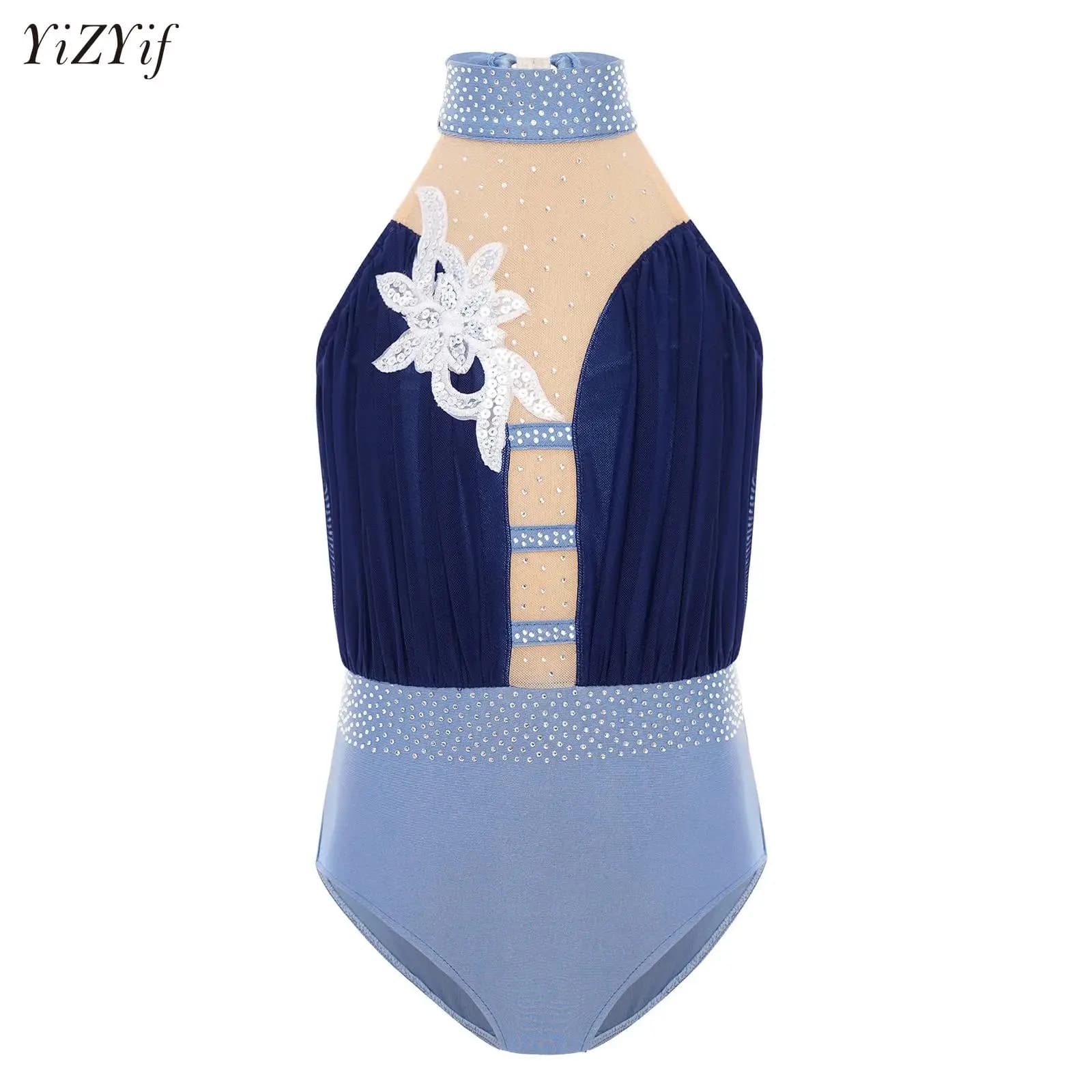 Costume da spettacolo di danza classica per ragazze adolescenti, senza maniche, applique floreale, body da ginnastica, competizione di pattinaggio di figura, abbigliamento da ballo