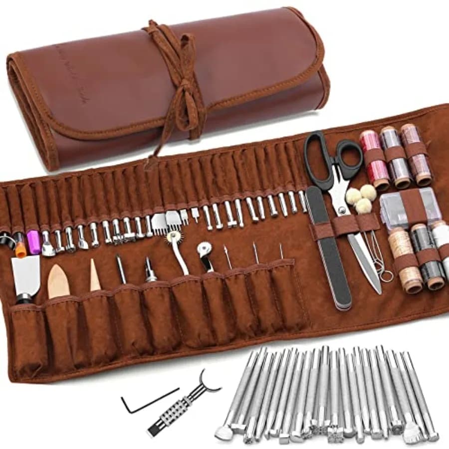 Utensili per Lavorazione del Cuoio, Strumenti per Intaglio, Stampaggio, Cucitura, Punzonatura e Taglio con Borsa Personalizzata, Set Professionale