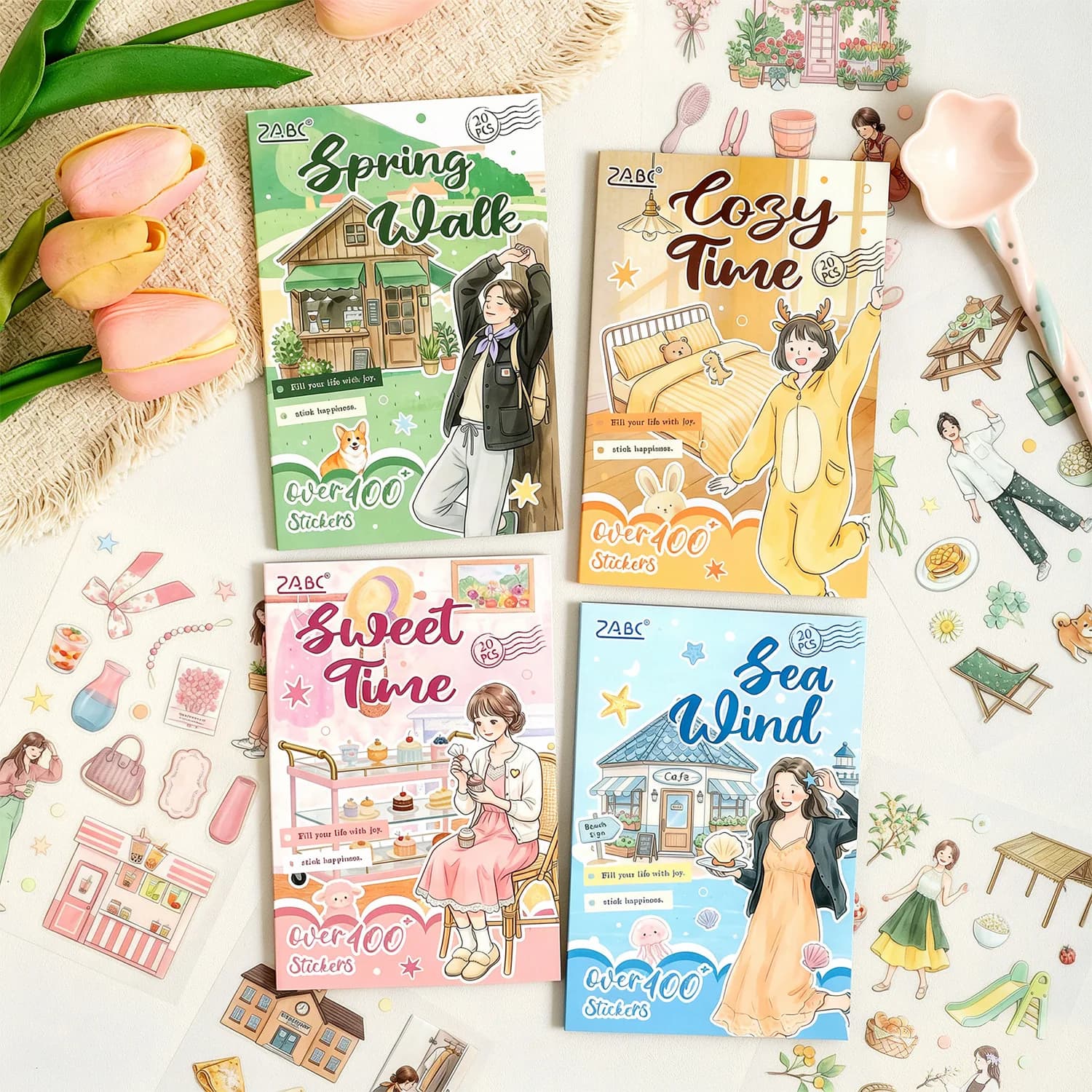 Lovely Girly Daily Scene Collage Sticker Sheets, Sweet Life Pattern Decor Stickers for Notebook Planner Hand‑made Scrapbooking
