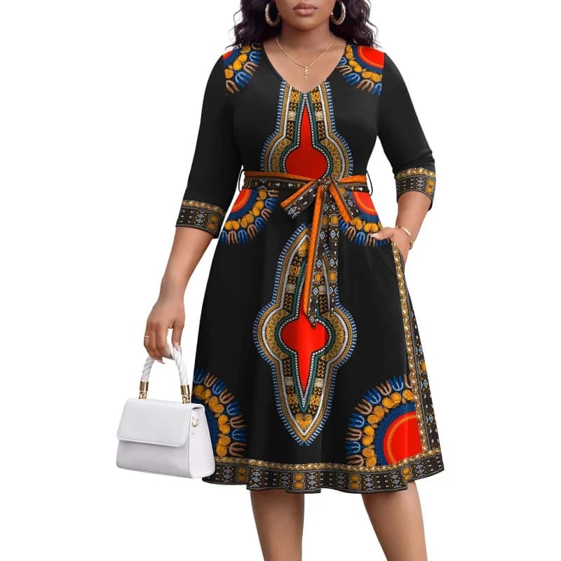 Abiti midi taglie forti da donna - Abito da chiesa a trapezio con scollo a V e maniche a 3/4, ideale per invitati a matrimoni e cocktail, con tasche (XL-5XL)