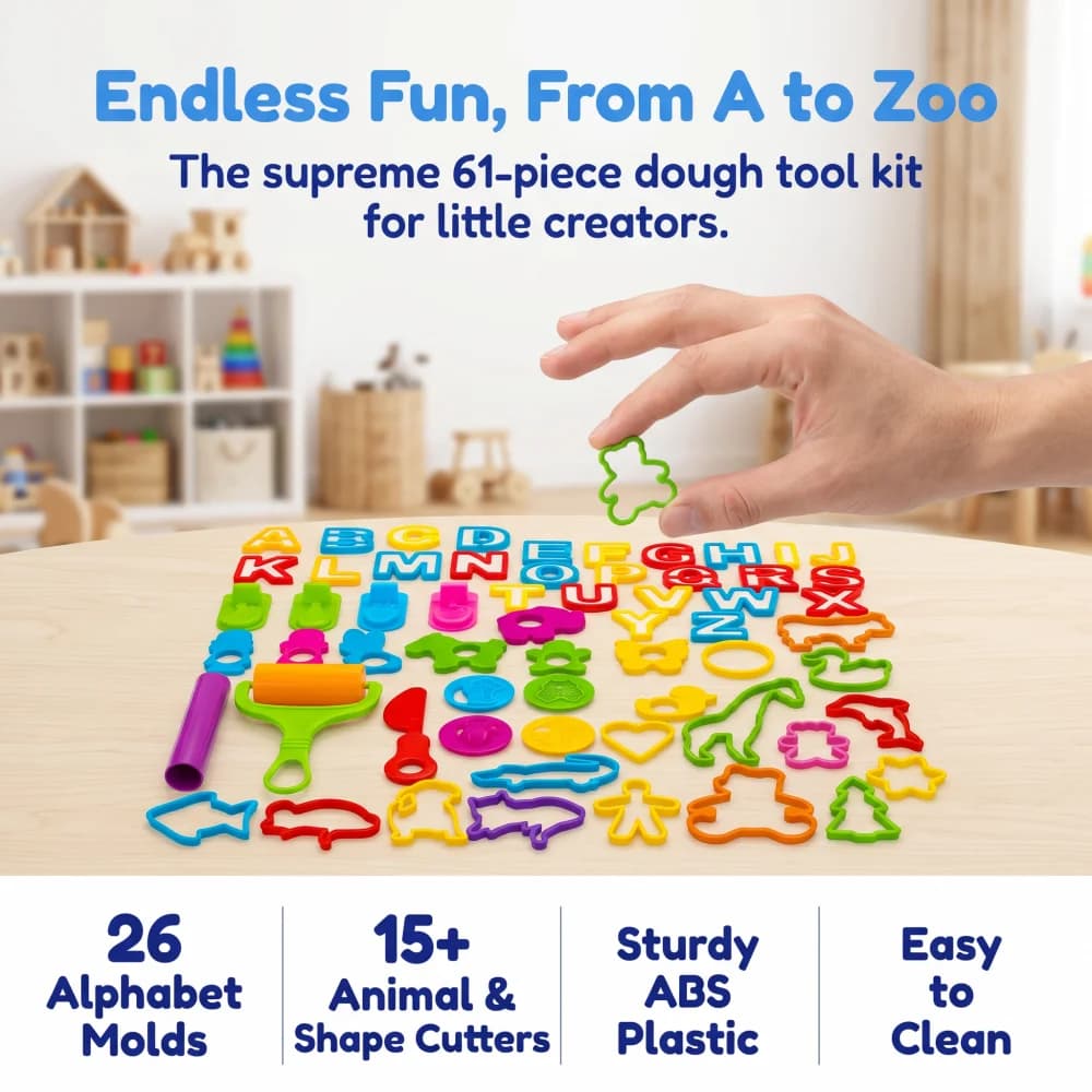 61Pcs Letter & Animal Shape Clay Molds, Play Dough Stamp Cutters for Cognitive Learning, DIY Craft Kit for Home School