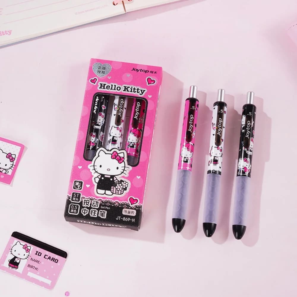 Hello Kitty Genuine Sanrio Confezione da 3 penne a sfera con custodia protettiva, rosso, rosa, penna per scrittura fluida, regali per studenti e ufficio