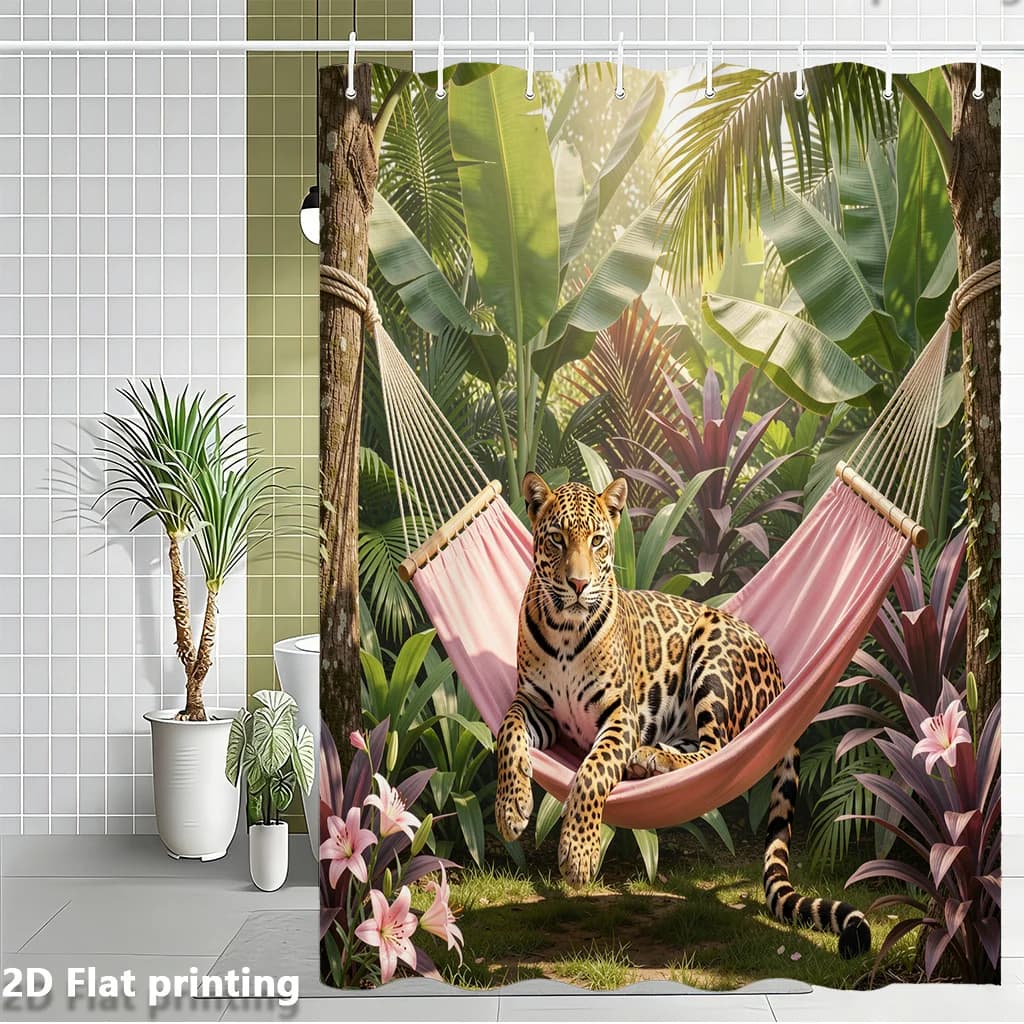 Tenda da doccia con stampa digitale 2D di leopardo della giungla su amaca rosa, decorazione per il bagno in poliestere con ganci, 72x72 pollici