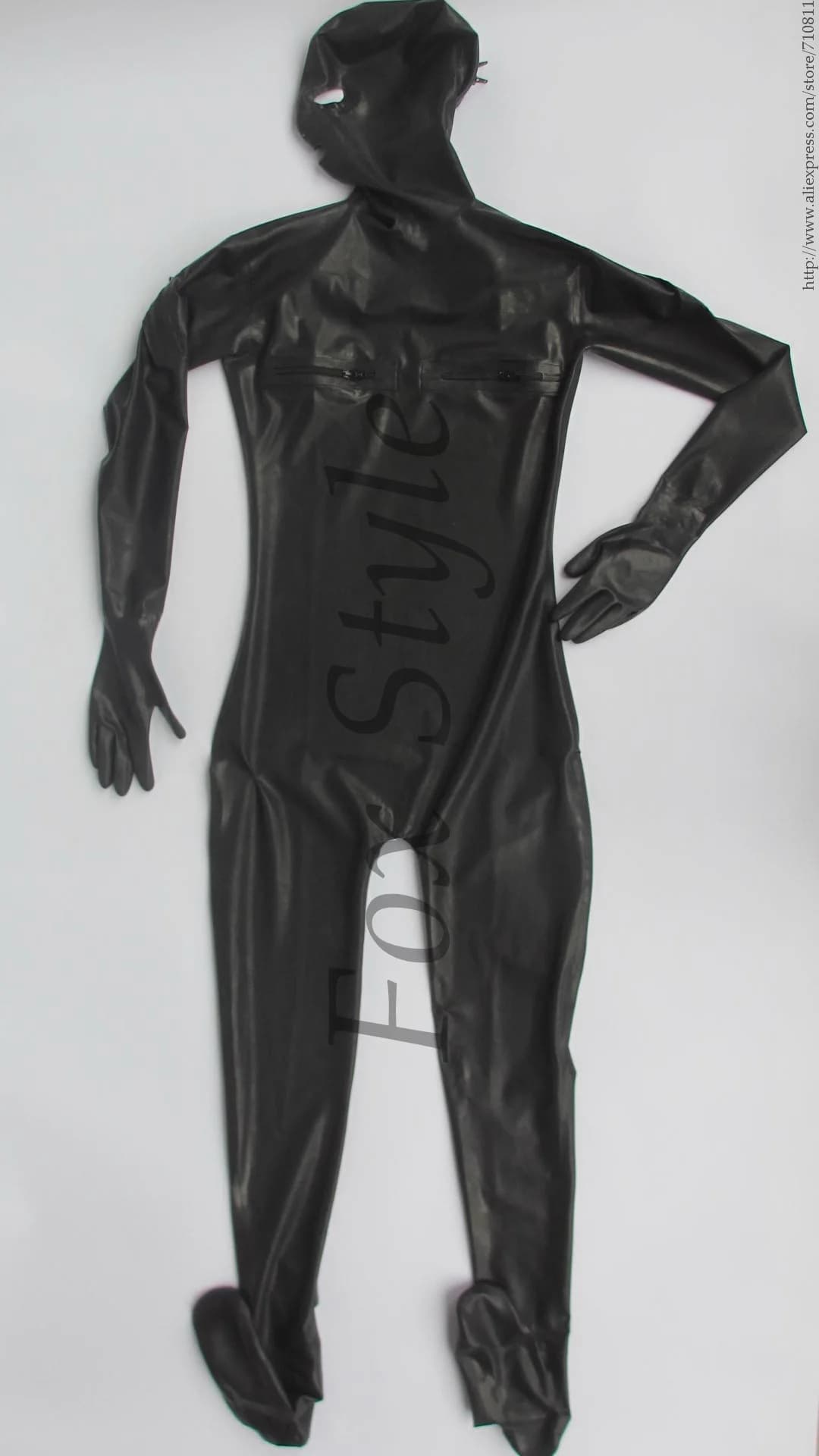 Body completo da uomo in lattice zentai, vestiti in gomma con cerniera posteriore, guanti e calzini con cerniera sul petto e cerniera sulle spalle.