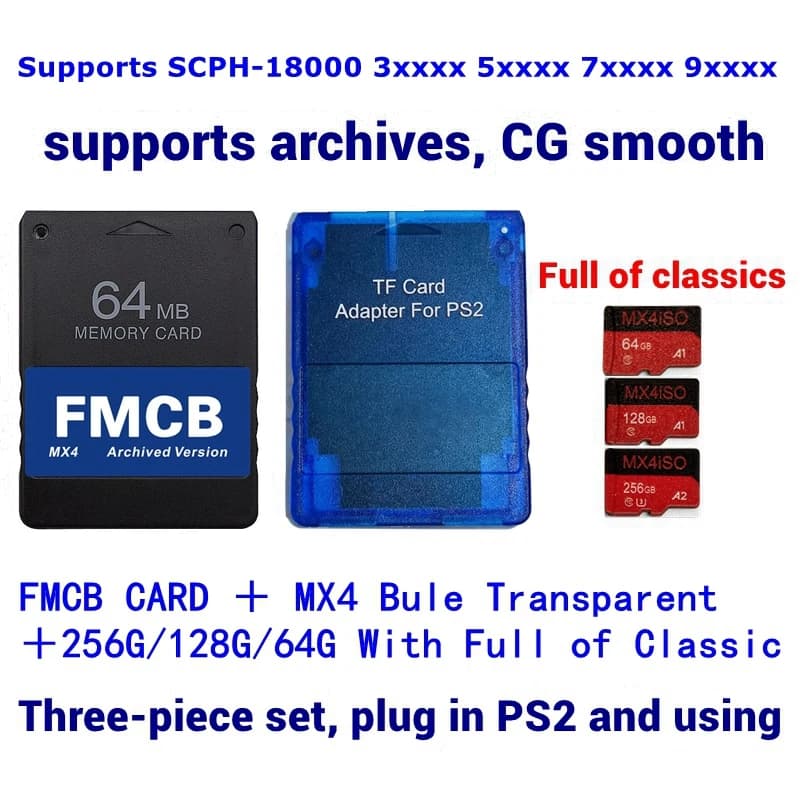 Adattatore per schede TF/SD PS2 MX4ISO per tutte le console PS2 + scheda FMCB + scheda TF/SD da 256G/128G/64G, scegliere il pacchetto combinato