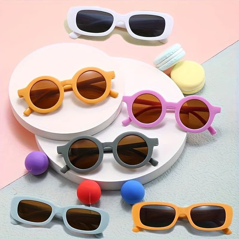 6 Pezzi Nuovi Occhiali da Sole per Bambini, Colori Solidi, Protezione UV400, Design Rotondo e Cartoonesco per Ragazzi e Ragazze