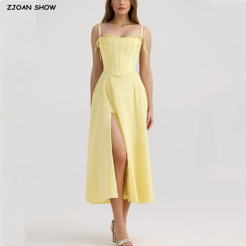 2024 Sexy Solid Yellow Hem fessura Midi abito lungo senza spalline con fasciatura incrociata allacciatura Crop Top abito da fata 2 pezzi 1 Set