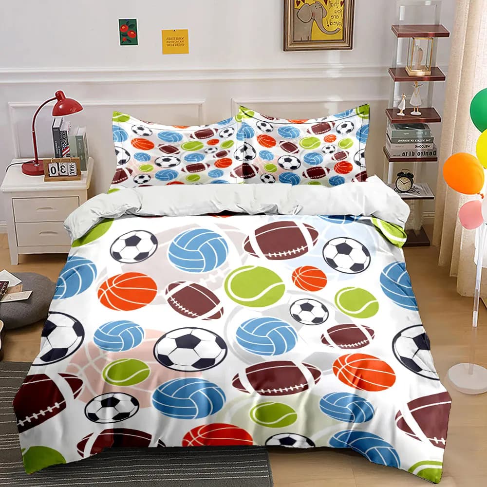 Set di biancheria da letto con motivo palloni sportivi, 3 pezzi, set copripiumino morbido e federe per decorazioni da camera da letto per appassionati di sport vari