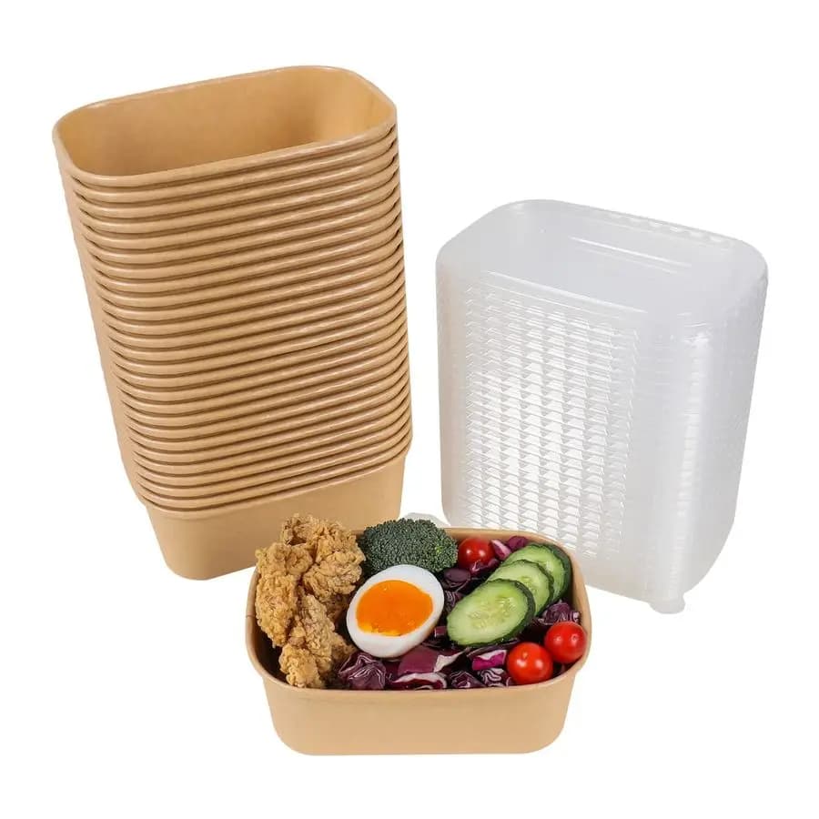 Disposable kraft paper bowls with lids, rectangle containers for food, soup bowls, party items, cake bowls, 50 pack.