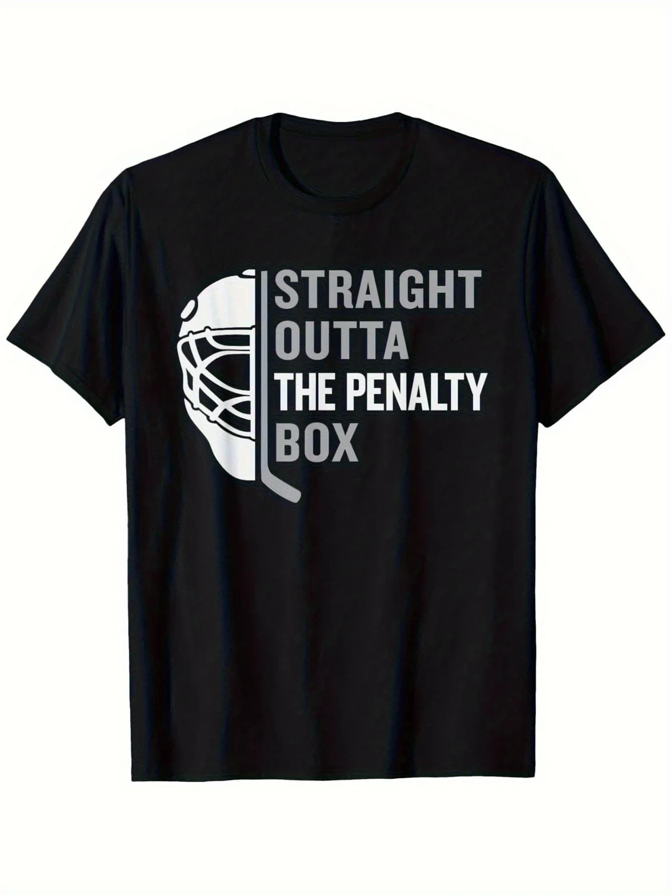 T-shirt da uomo a tema hockey con scritta “Straight Outta Penalty Box” - Design con maschera da portiere e disco da hockey su ghiaccio in bianco e nero