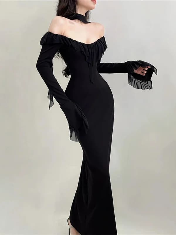 SylCue Sexy Long Sleeve Low Cut Shoulder Dress Slimming Fish Tail Backless Gown High Waist Bodycon Dress for Young Women