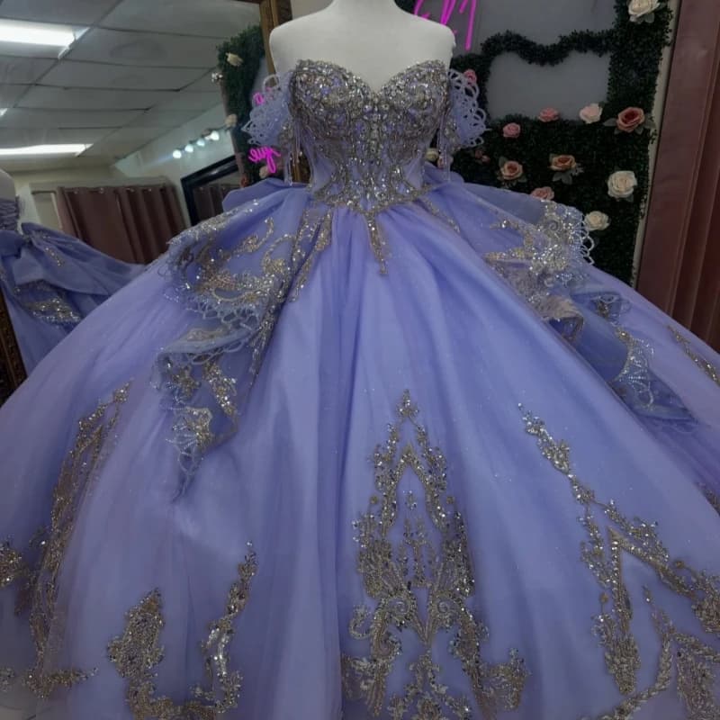 Lavender Ball Gown Quinceanera Dresses Gold Applique Lace Beading Crystal Bow Tiered Tull Corset Off The Shoulder Sweet 16 Dress