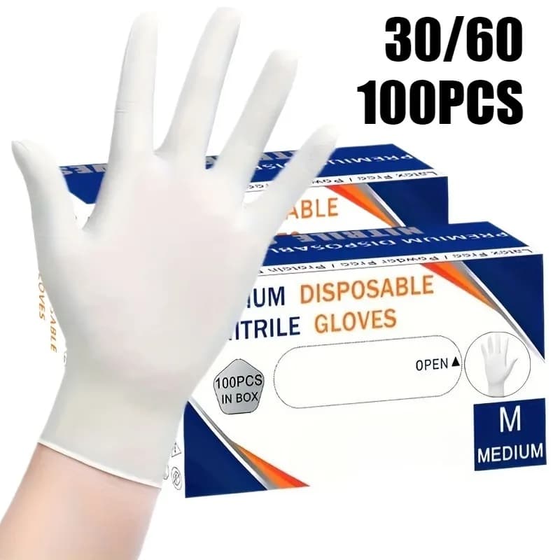 Guanti monouso in nitrile bianco da 30/60/100 pezzi, guanti multiuso per la pulizia della casa, strumenti per la lavorazione degli alimenti, per la bellezza e la parruccheria
