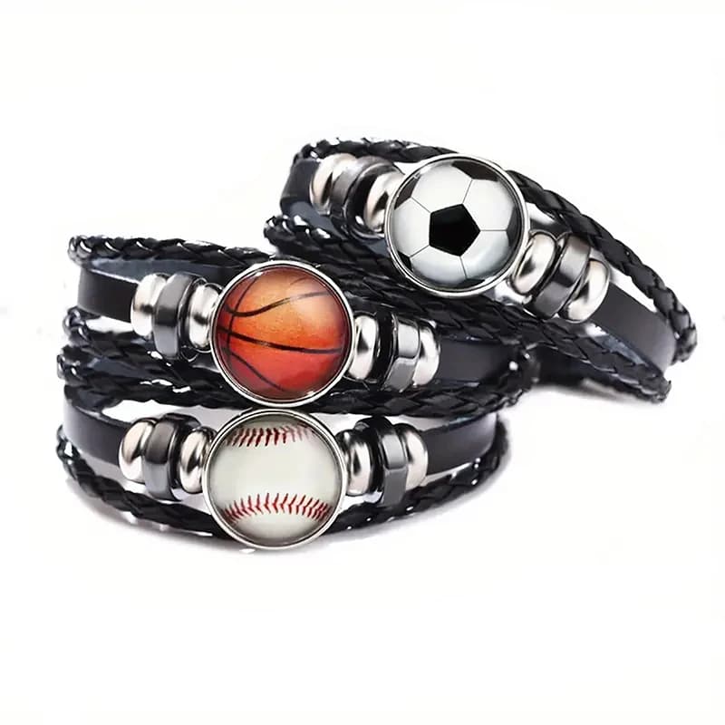 Sport Football Basketball Baseball Glass Snap Button bracciale bracciali in pelle intrecciata regolabili