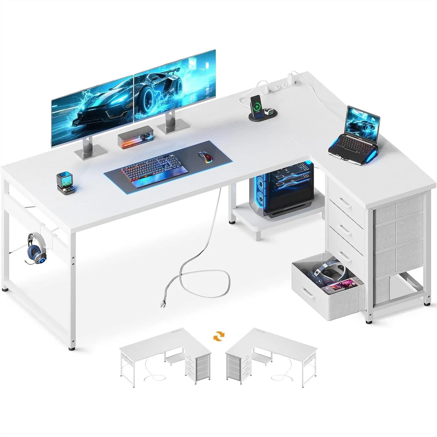 Scrivania da Gaming a L con 4 Cassetti, Scrivania per Computer Reversibile da 61 Pollici con Prese di Corrente e Porte USB, Scrivania Angolare per Ufficio Domestico