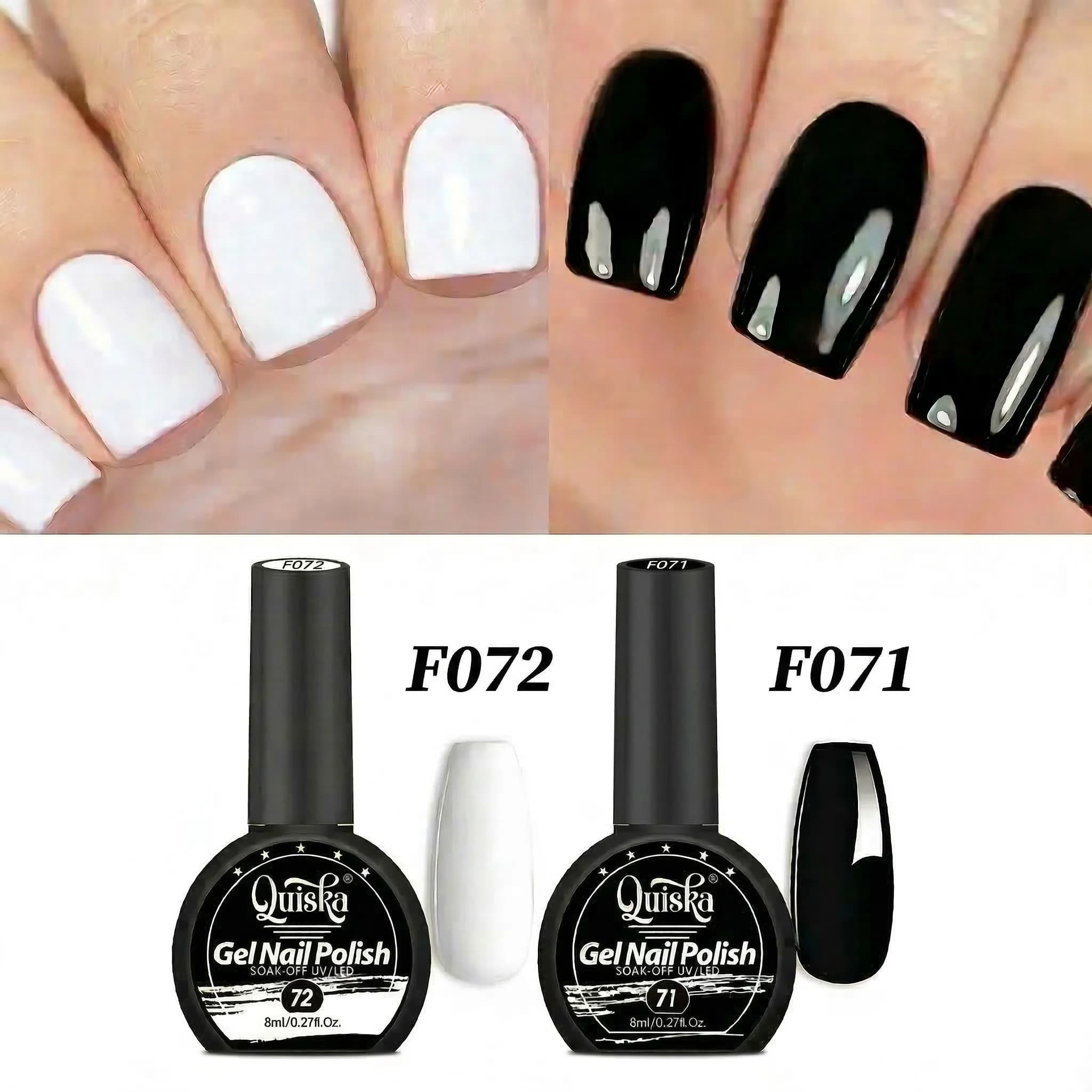 Set di 2 Smalti Gel per Unghie Quiska, Nero e Bianco, 8ml, Semipermanenti, UV LED, Strumenti per Manicure, Design Fai-da-Te