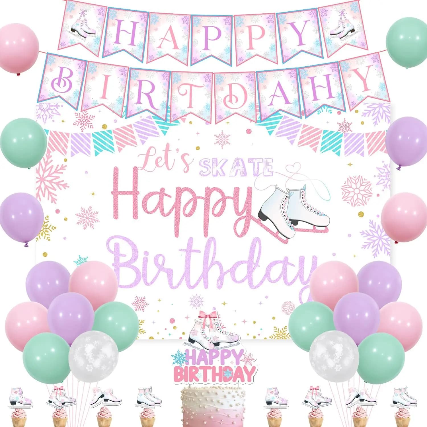 Pattinaggio su ghiaccio Decorazioni per feste di compleanno Pattini a rotelle Let's Skate Sfondo di buon compleanno, Pattinaggio su ghiaccio Sport Forniture per feste di compleanno