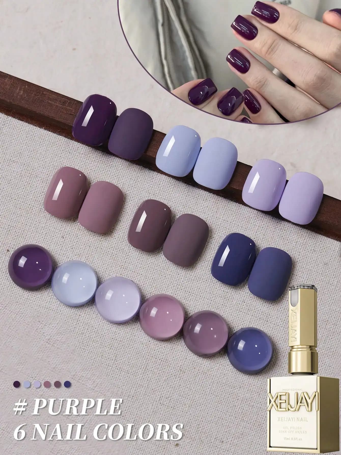 Set di smalti per unghie gel viola da 6 colori da 15 ml, gel per unghie Soaking UV LED, semipermanente, gel per nail art di qualità salone fai da te per la primavera