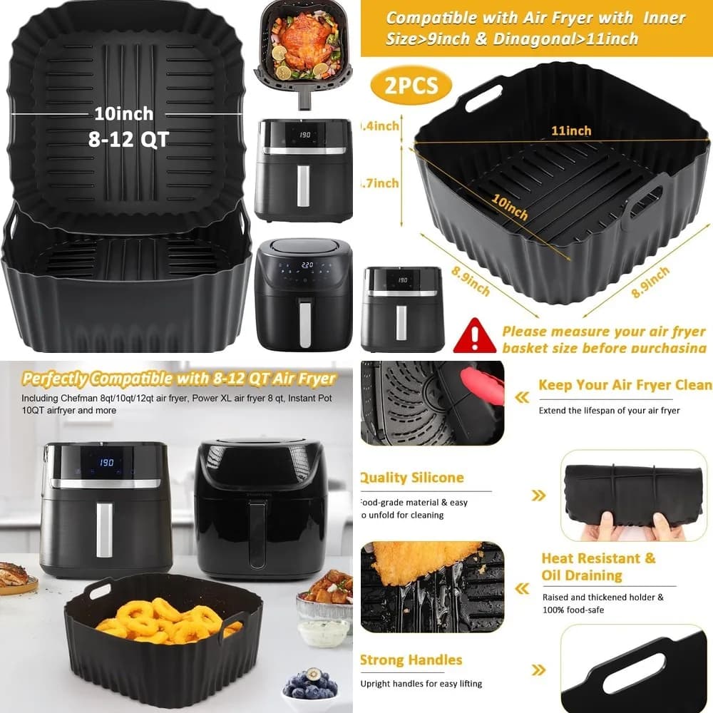 BYKITCHEN Large Air Fryer Silicone Liners Compatible with CHEFMAN 8QT/10QT/12QT, 2PCS 10 Inch Reusable Silicone Air