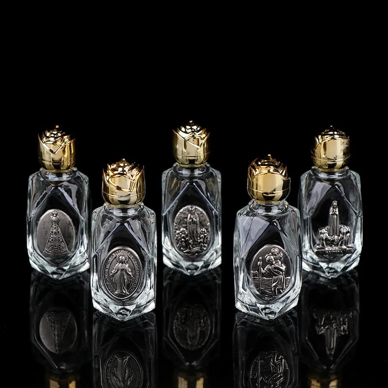 Mini bottle of Catholic sacred water from 15 ml with golden lid Bottle of golden Christian virgin sculpture Bottle of sacred water Decorative ornaments