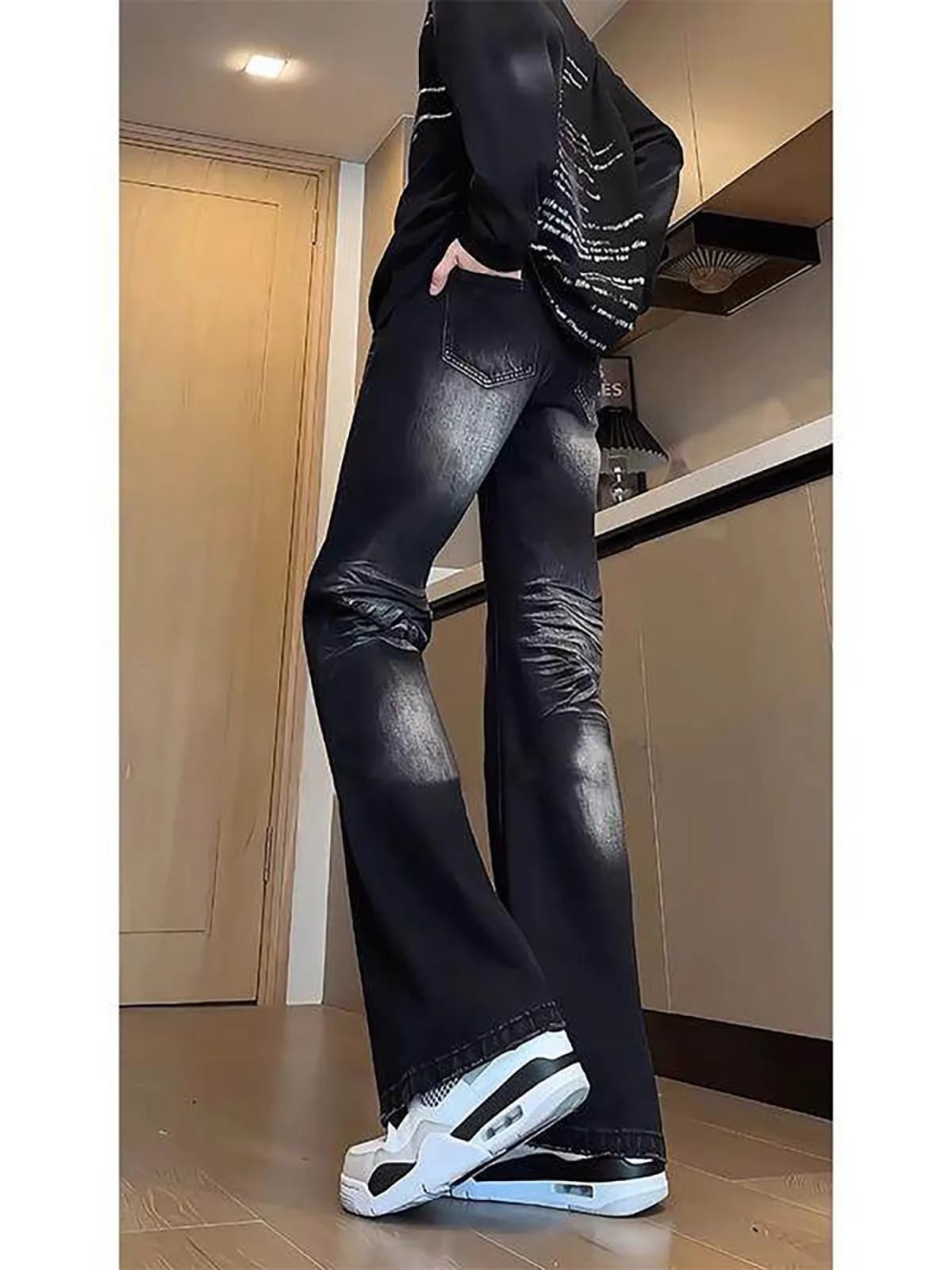 Washed Vintage Men's Jeans Black Gradient Tie Dye Straight Leg Long Pants Youthful Style Casual Wear Spring Season Essential