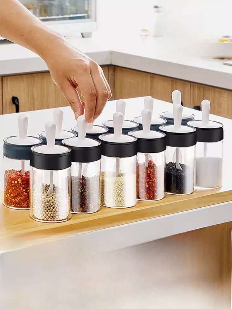 Set di barattoli per condimenti da cucina, contenitore per spezie in vetro sigillabile, saleiera per uso domestico, scatola per condimenti, forma cilindrica, universale per condimenti