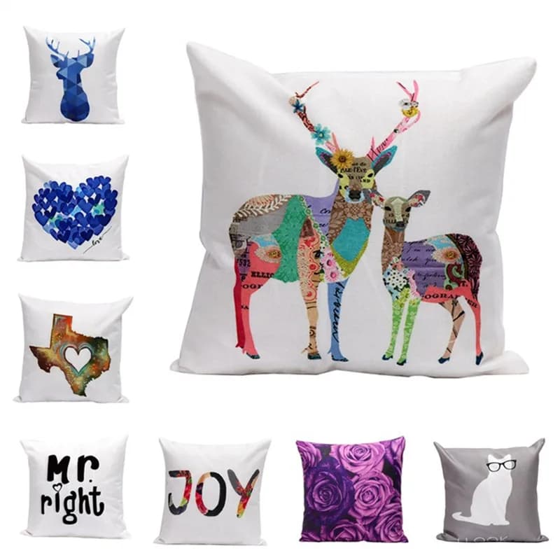 45x45cm White Linen Fabric Printed Pillow Cover Home Sofa Chair Cushion Christmas Decoration