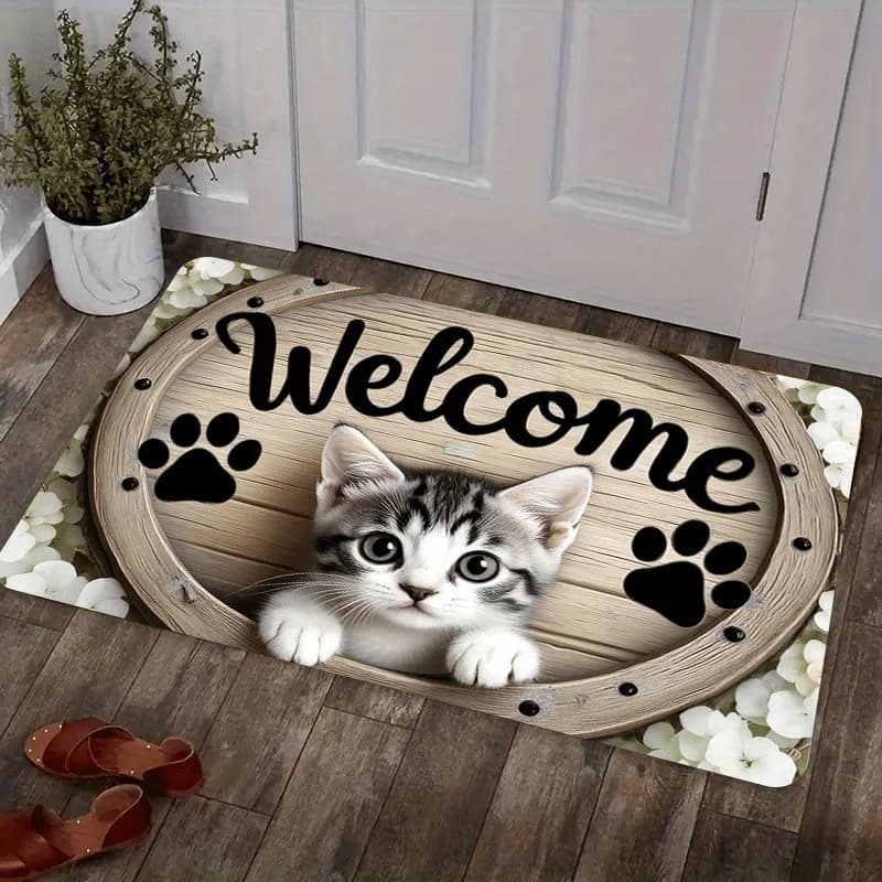 1 cute door mat with cat-shaped design | Anti-slip Entry Mat, Washable in Washing Machine, with 'Welcome' Scritta and Zampe Impronte, Suitable for Interior/External