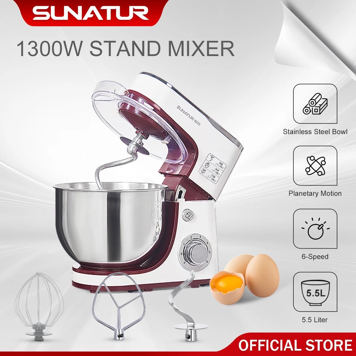 SUNATUR 5.5L Robot da cucina planetario 1300w Impastatrice temporizzata Frullatore da cucina elettrico Frullatore per panna Frullatore di riempimento