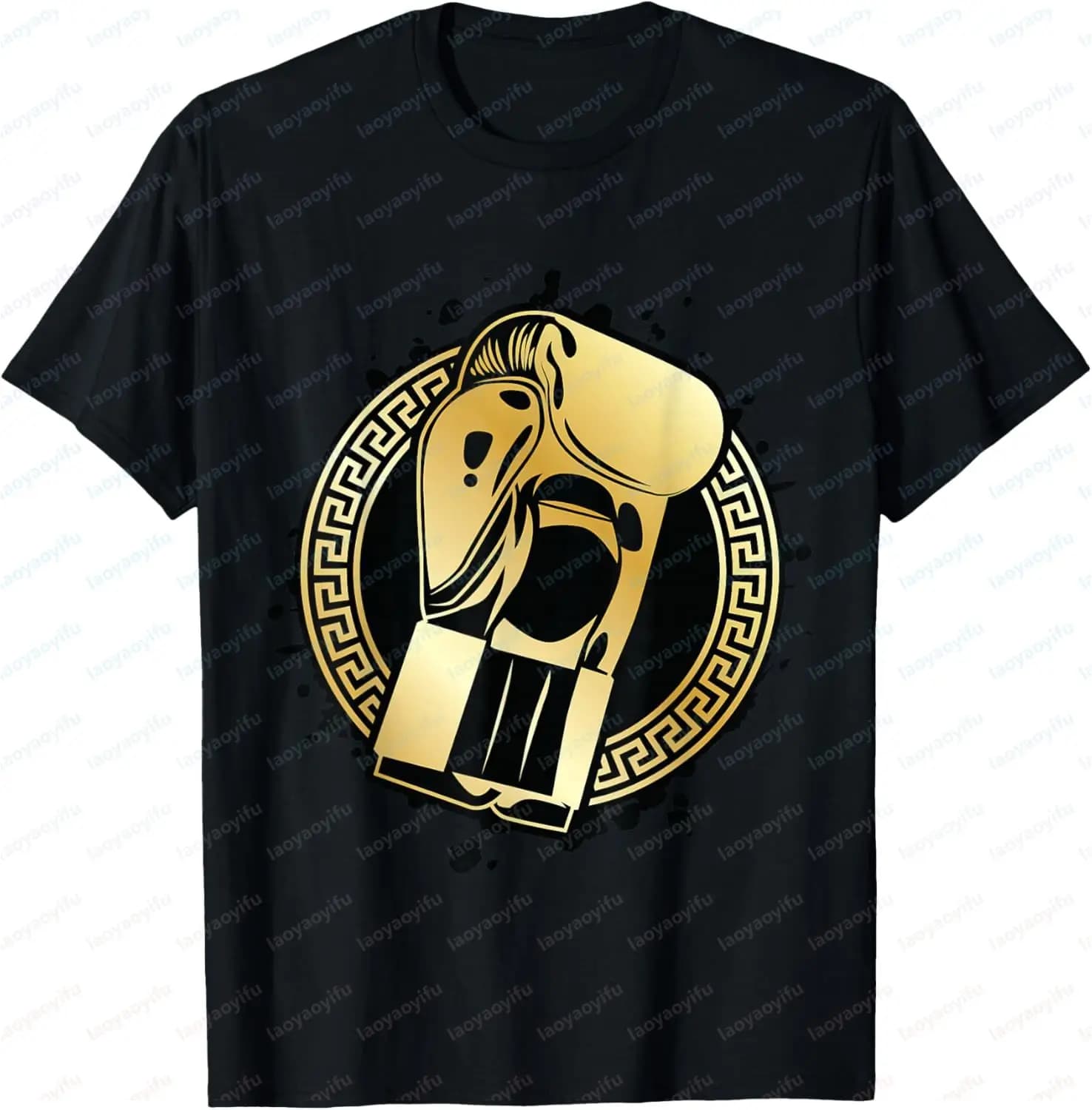 Vintage Cotton T-Shirt with Golden Pugile Symbol, Boxing Gloves, Winner, Gym, Sample, Clothing Streetwear