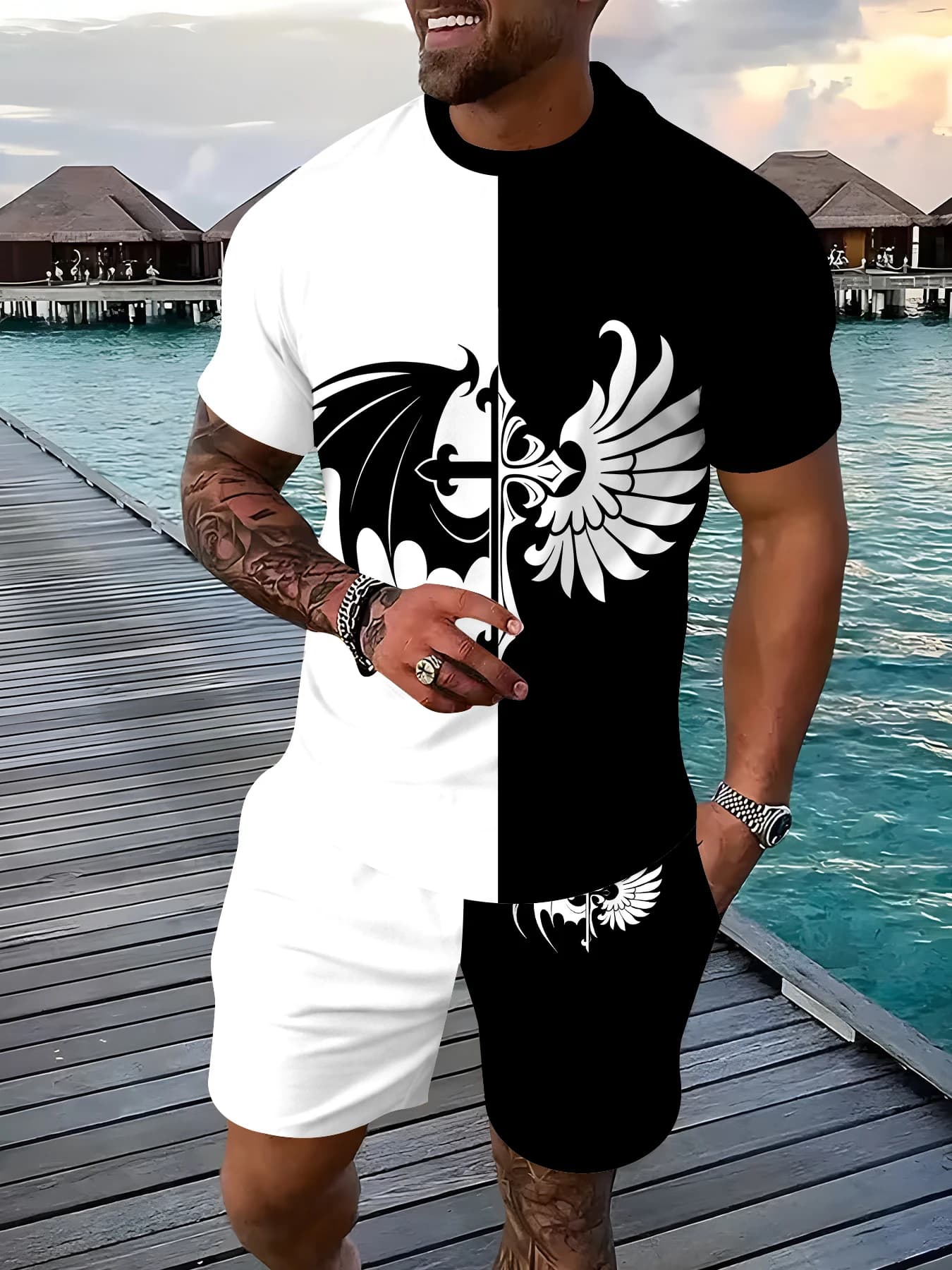 Summer Men 2-Piece Matching Outfit, Black White Split Contrast Angel Demon Wing Cross Graphic Short Sleeve Top & Shorts Casual B