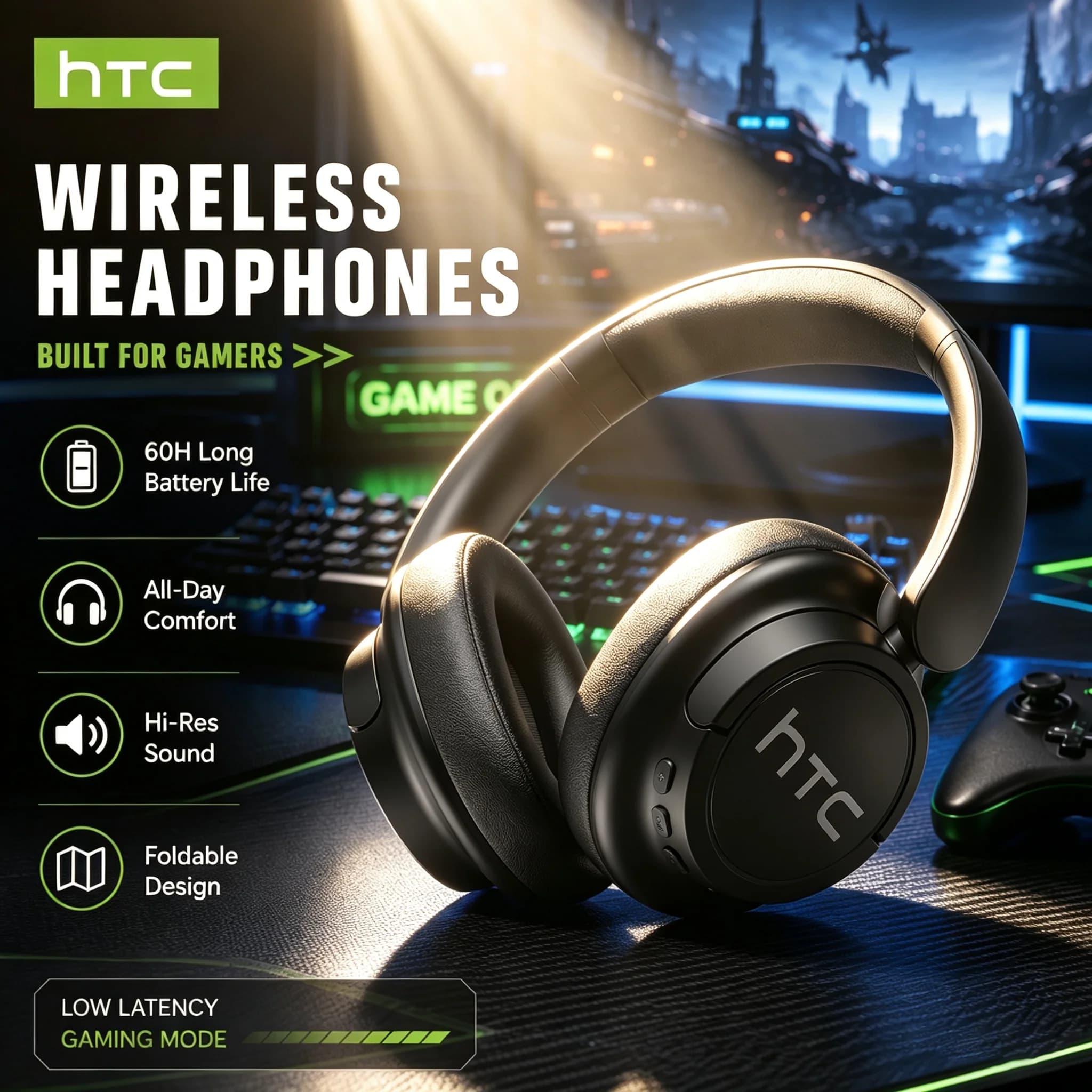 Gaming Wireless Bluetooth Over Ear Headphones HTC HP10 Foldable HiFi Stereo 60H Playtime Deep Bass Comfortable Portable Headset