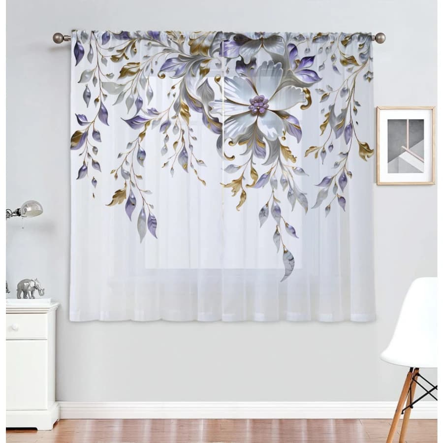 2PCS Digital Print Sheer Curtain, Purple Flower Garden Courtyard Pattern, Romantic Provence Lavender French Country Style Decor
