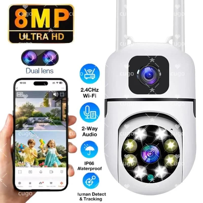 Telecamera IP WiFi HD 8MP con Doppia Lente, Sicurezza Wireless per Esterni, PTZ, Audio Bidirezionale, Visione Notturna a Colori, Monitor per Casa e Bambini