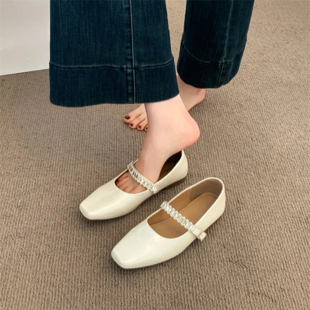 2026 New Pearls String Bead Design Women Ballet Flats Fashion Square Toe Breathable Shoes Comfortable Shallow Loafers