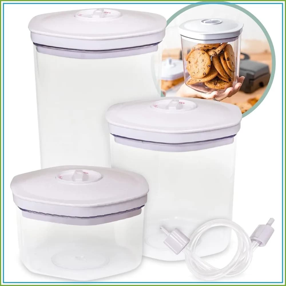 3 Piece Vacuum Food Container Set for Home Kitchen with Accessory Hose in 2L, 1.4L, and 0.7L Sizes BPA Free