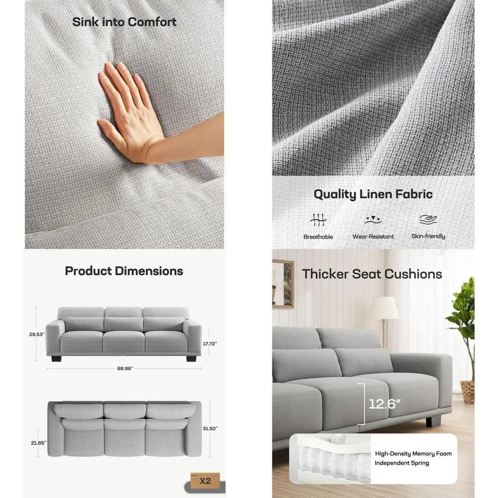 Grey modern sofa with 3 seats with deep seats, support cushions, wide armrests, removable linen cover for living room