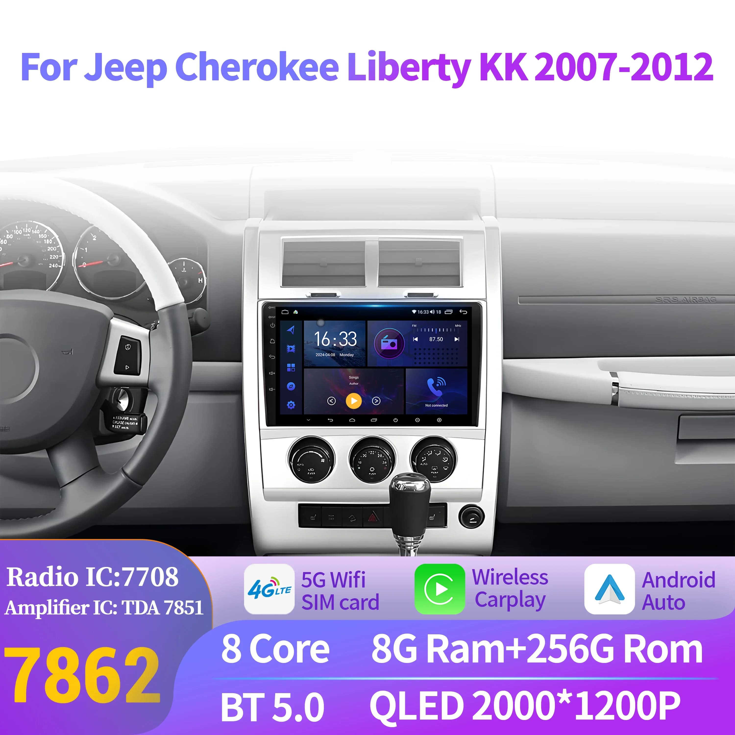 Android 14 Autoradio Carplay Per Jeep Cherokee Liberty KK 2007-2012 Stereo Multimedia 7862 8 + 256 lettore radio BT 2K QLED Schermo