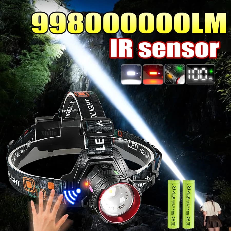 Torcia Frontale LED ad Alta Potenza, Luce Intensa con Sensore di Movimento, Ricaricabile 18650, Lanterna da Testa per Pesca
