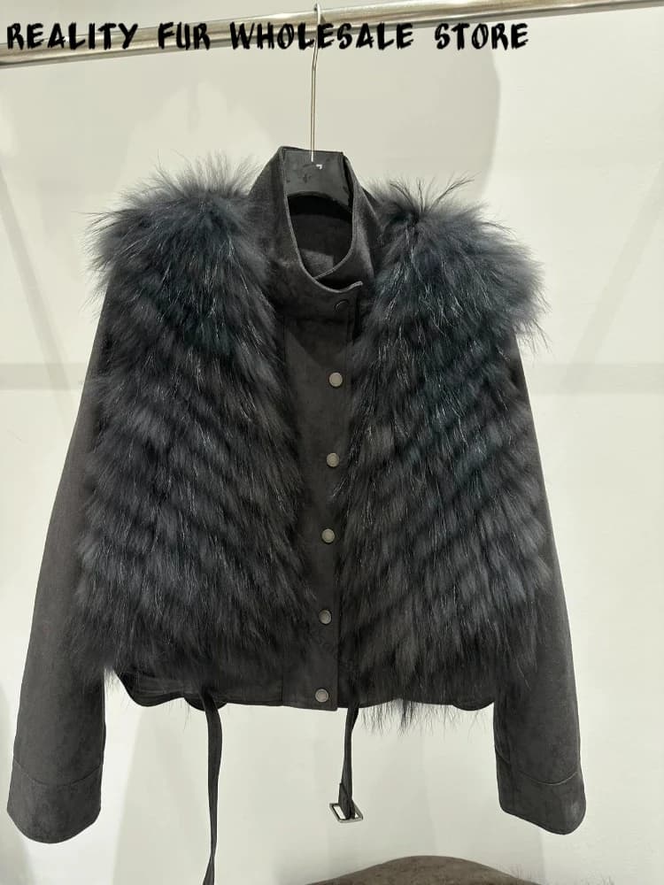 Women Genuine Fur Coat Ladies Short Stand Collar Jacket Long Sleeve Windproof Daily Winter Cold Weather Protection Outerwear
