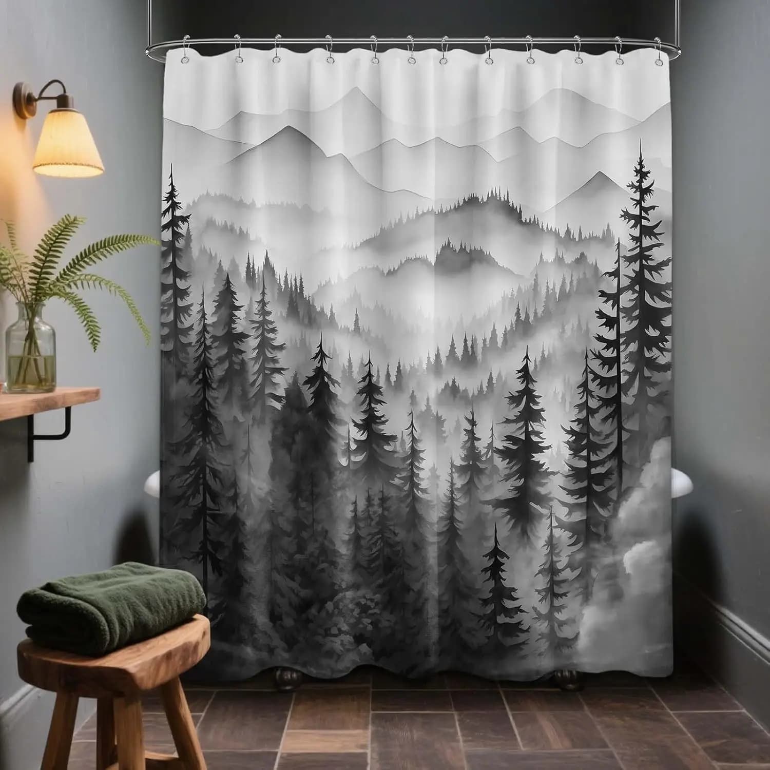 Tenda da doccia con motivo foresta naturale in bianco e nero, tessuto impermeabile con ganci, 70x72 pollici per decorazioni rustiche del bagno