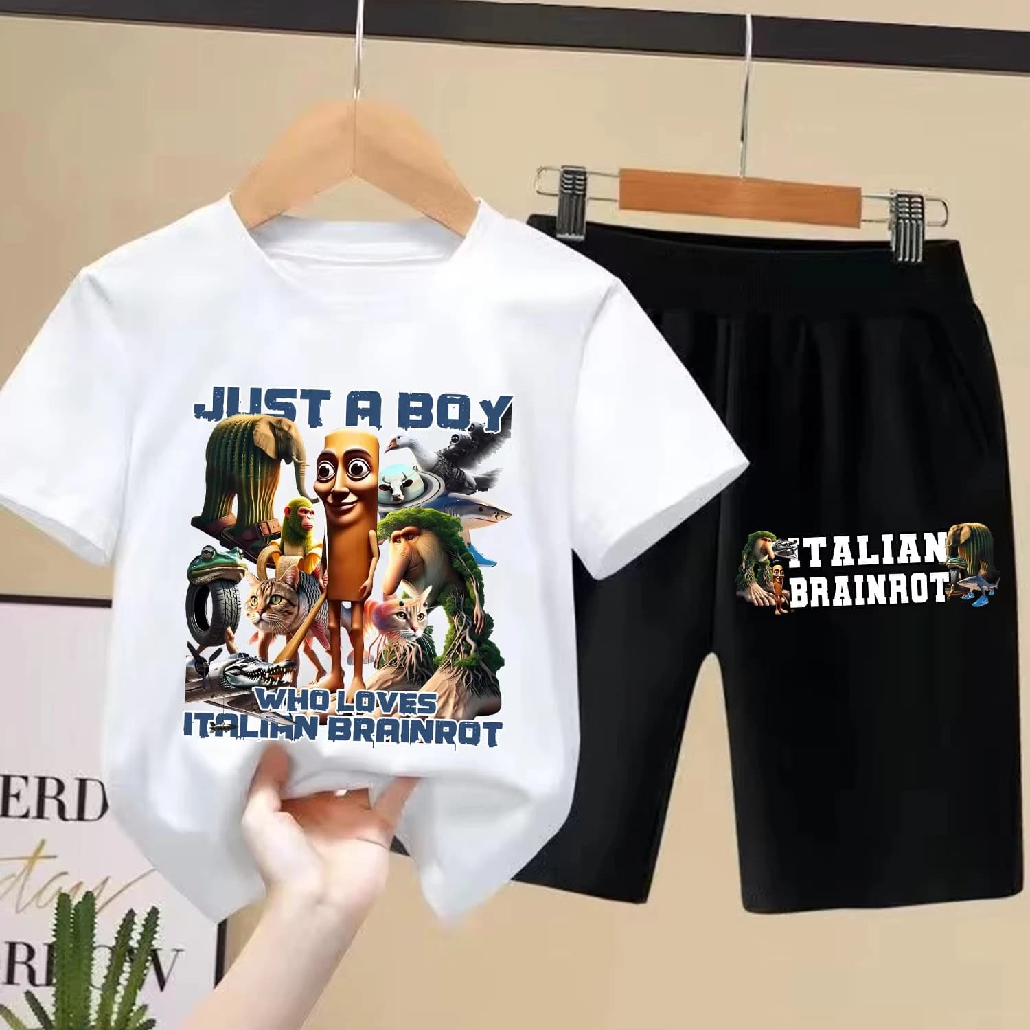 T-shirt divertente Brainrot italiano per bambini Tung Sahur vestiti + pantaloncini 2 pezzi pantaloni set pigiama abbigliamento per la casa regalo per bambini