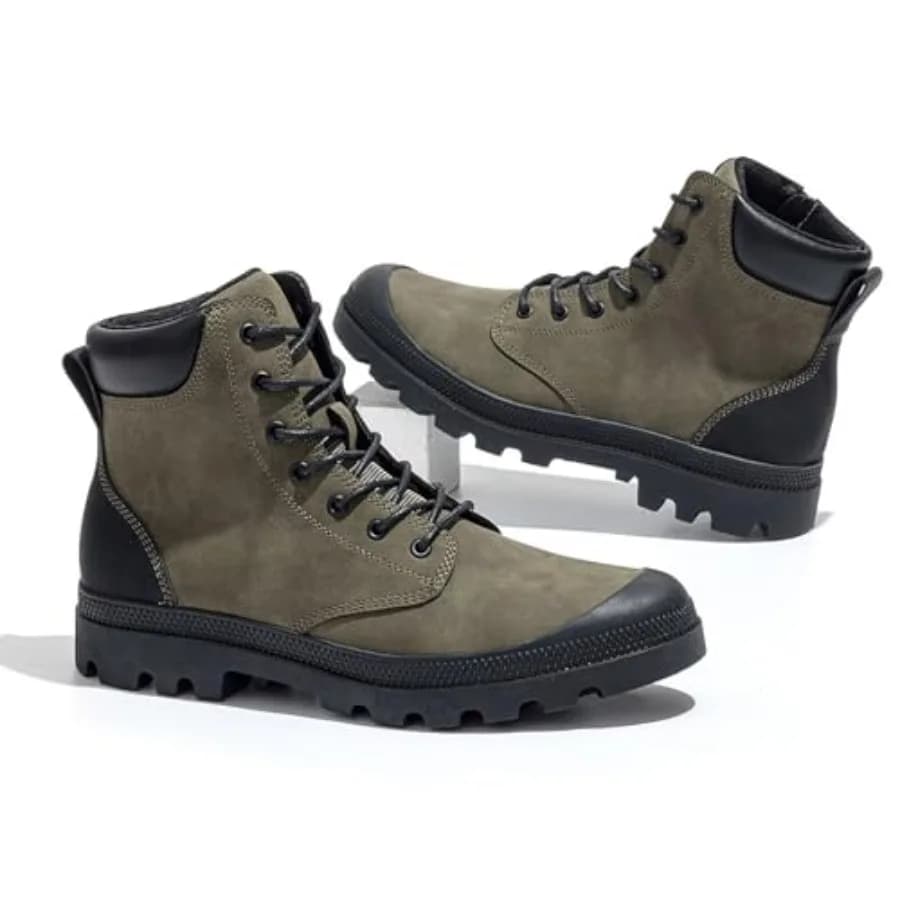 Scarponi da trekking da uomo in pelle robusta, stile militare, con lacci e cerniera laterale, suola resistente per escursioni e trail all'aperto