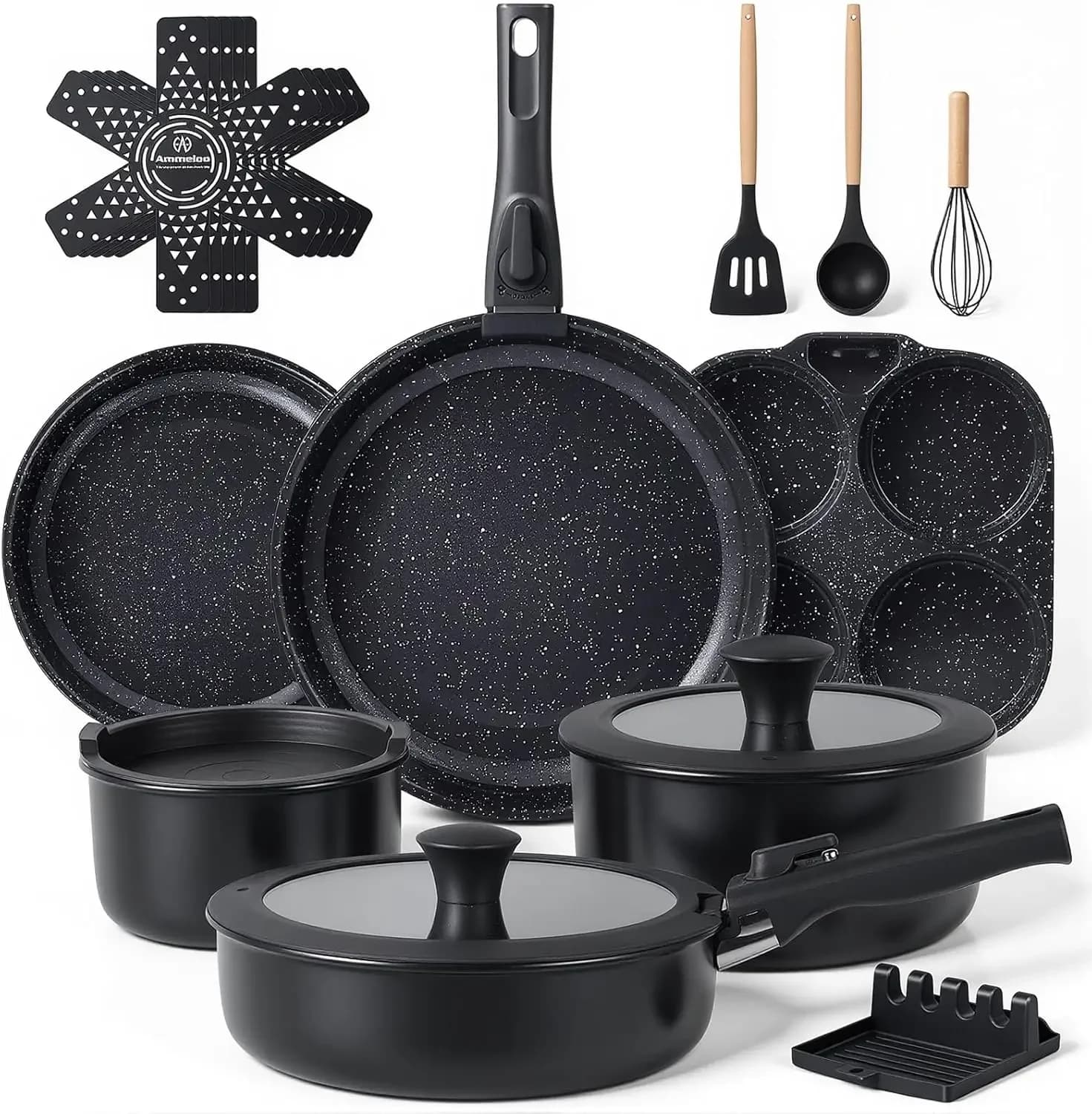 Set of 21 Pieces of Pots and Ceramic Tiles Anti-adhesive with Stackable Handles and Eggs, Non-toxic Kitchen Tools, Compatible with Induction and Oven
