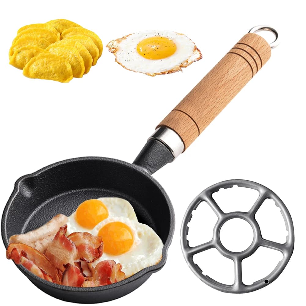 C2 10/13/16 cm Small cast iron bowl with wooden handle Egg pan with double straw-resistant blades Padella for indoor and outdoor use